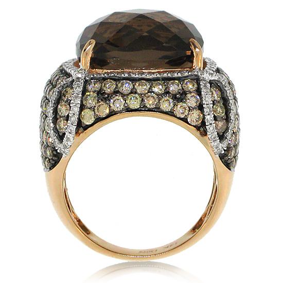 White & Champagne Diamond & 14.56ct Smokey Topaz 14k Rose Gold Ring - 3.51ct