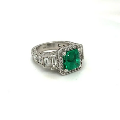 White Gold Emerald Natural Diamonds Halo Ring Brilliant Cushion Shape