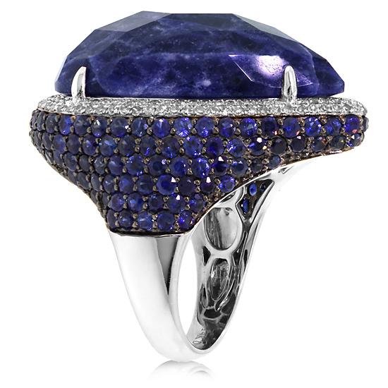 Diamond & 29.65ct Sodalite & Blue Sapphire 14k White Gold Ring - 0.62ct