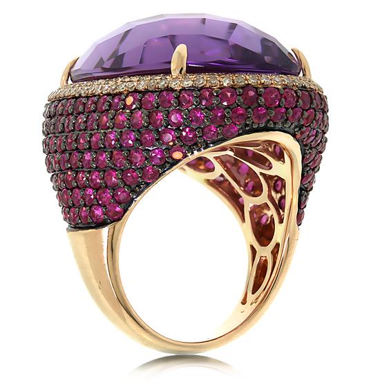 Diamond & 29.34ct Amethyst & Pink Sapphire 14k Rose Gold Ring Size 9.5 - 0.59ct