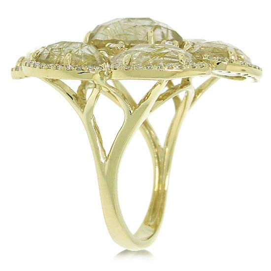 Diamond & 14.22ct Golden Line Quartz 14k Yellow Gold Ring - 0.39ct