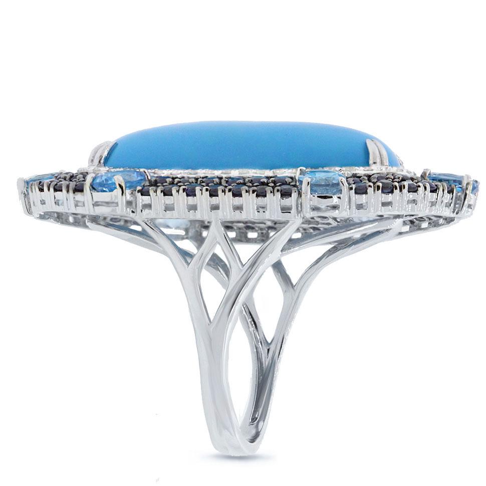 Diamond & 15.73ct Composite Turquoise, Blue Sapphire & Blue Topaz 14k White Gold Ring - 0.32ct
