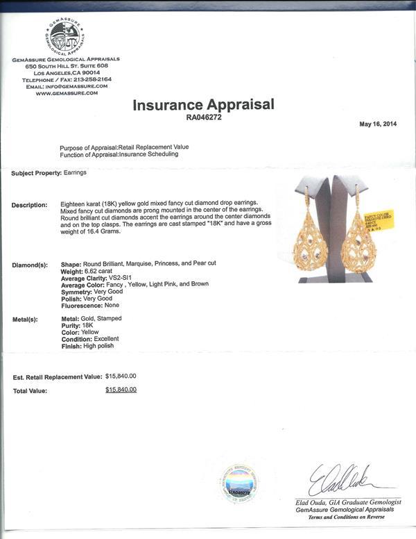 18k Yellow Gold Fancy Color Diamond Earring - 6.62ct