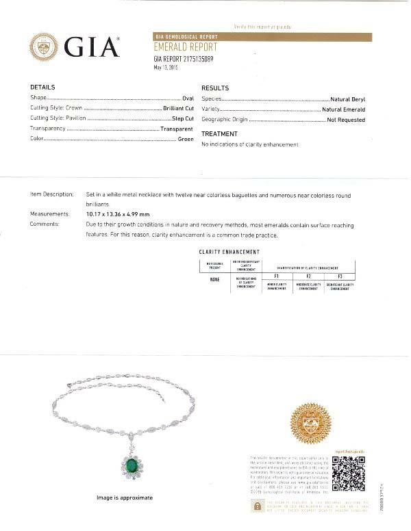 Diamond & 4.46ct Emerald 18k White Gold GIA Certified Necklace - 7.64ct