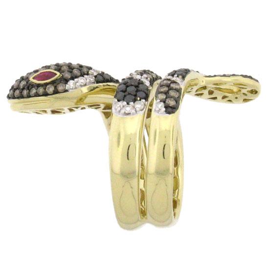 14k Yellow Gold White, Black & Champagne Diamond Snake Ring - 2.70ct