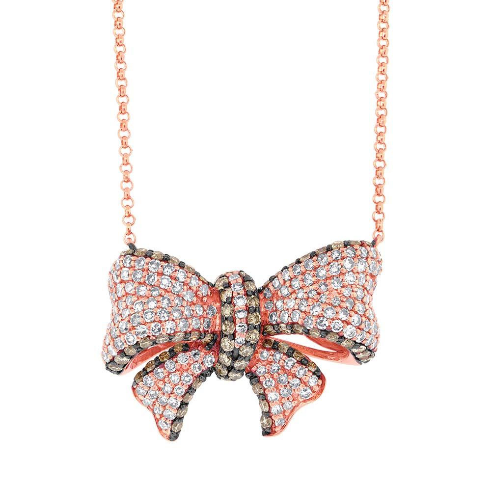 14k White Gold White & Champagne Diamond Ribbon Bow Necklace - 1.69ct V0065