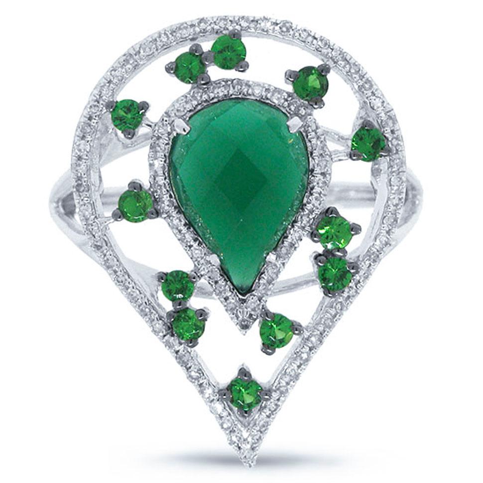 Diamond & 1.97ct Green Agate & Green Garnet 14k White Gold Ring - 0.22ct
