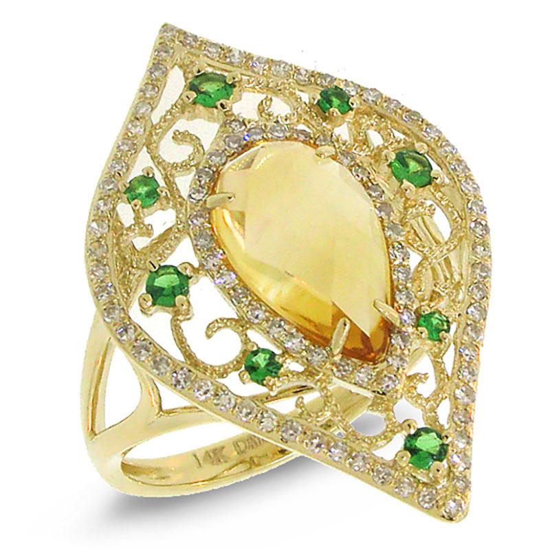 Diamond & 2.15ct Citrine & 0.20ct Green Garnet 14k Yellow Gold Ring - 0.36ct