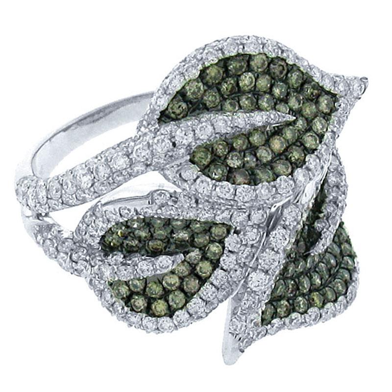 14k White Gold White & Champagne Diamond Leaf Ring - 3.00ct
