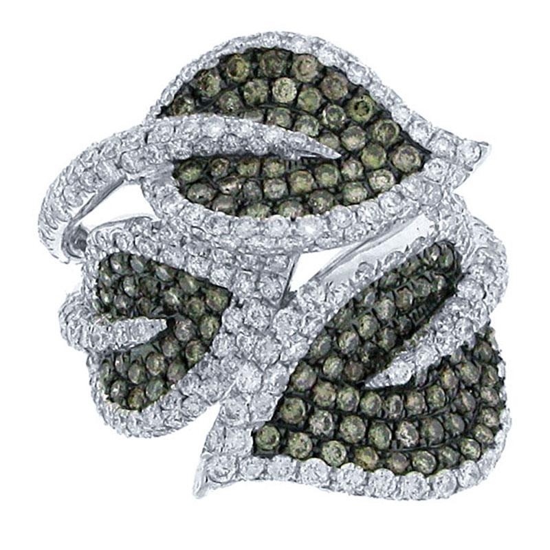 14k White Gold White & Champagne Diamond Leaf Ring - 3.00ct