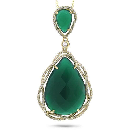 Diamond & 14.53ct Green Agate 14k Yellow Gold Pendant - 0.51ct