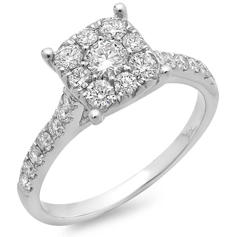 14k White Gold Round Brilliant Diamond Cluster Engagement Ring - 0.87ct