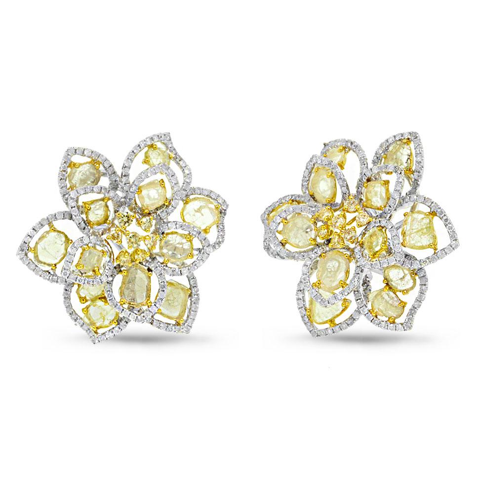 18k Two-tone Gold White & Fancy Color Diamond Flower Earring - 7.75ct