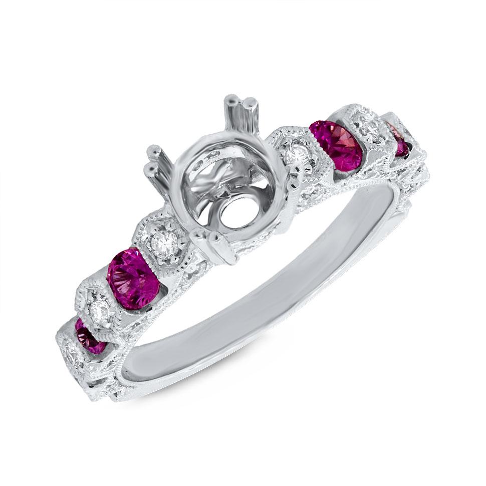 Diamond & 0.76ct Ruby 14k White Gold Semi-mount Ring - 0.36ct