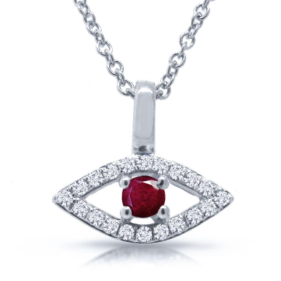 Diamond & 0.09ct Ruby 14k White Gold Eye Pendant