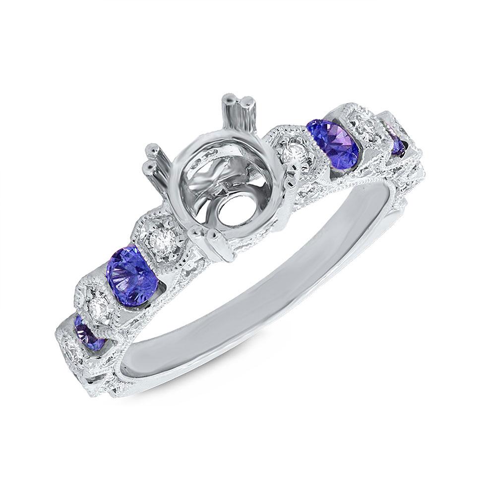 Diamond & 0.78ct Blue Sapphire 14k White Gold Semi-mount Ring - 0.36ct