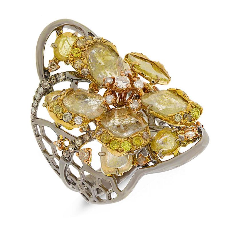 18k Black Rhodium Gold Fancy Color Diamond Flower Ring - 3.55ct