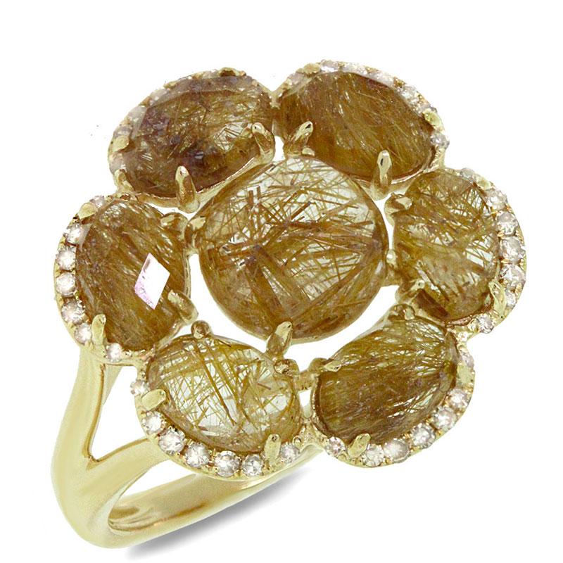 Diamond & 4.02ct Golden Line Quartz 14k Yellow Gold Ring - 0.14ct