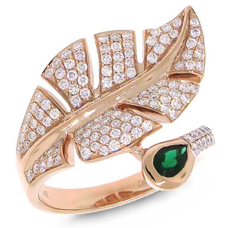 Diamond & 0.25ct Green Stone 14k Rose Gold Leaf Ring - 0.85ct