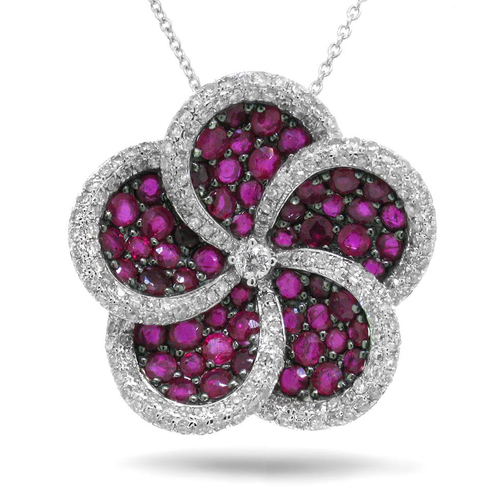 Diamond & 2.72ct Ruby 14k White Gold Flower Pendant - 0.94ct