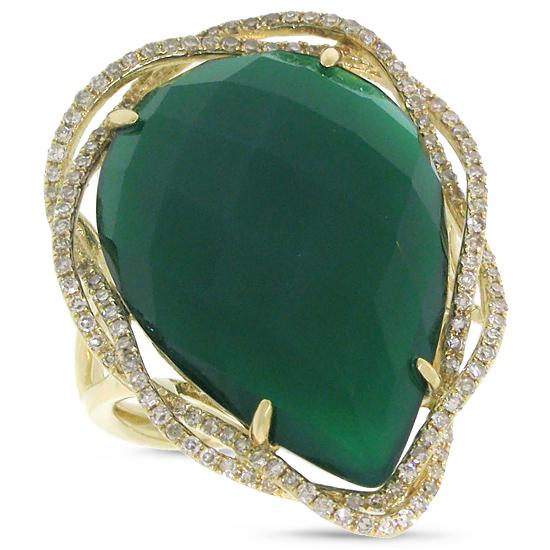 Diamond & 13.49ct Green Agate 14k Yellow Gold Ring - 0.38ct