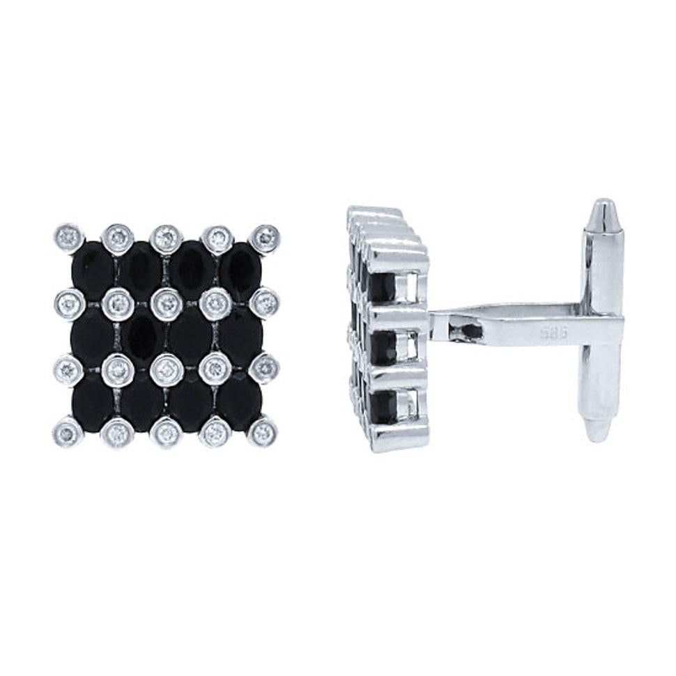 Diamond & 3.30ct Black Agate 14k White Gold Cuff Link - 0.36ct