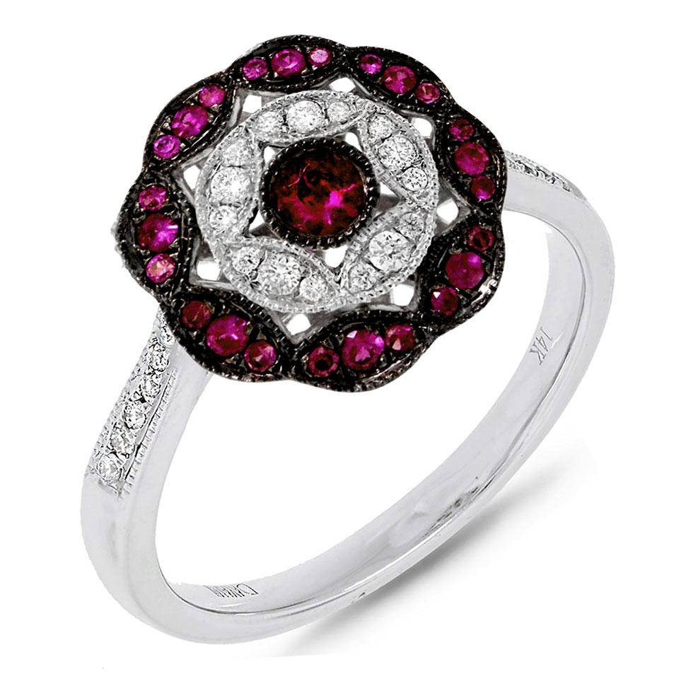 Diamond & 0.29ct Ruby 14k White Gold Ring - 0.12ct