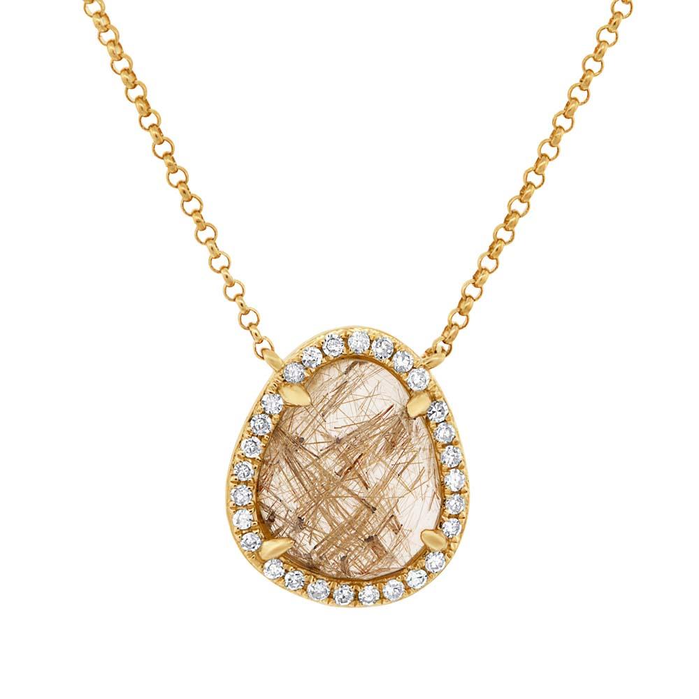 Diamond & 2.49ct Golden Line Quartz 14k Yellow Gold Necklace - 0.15ct