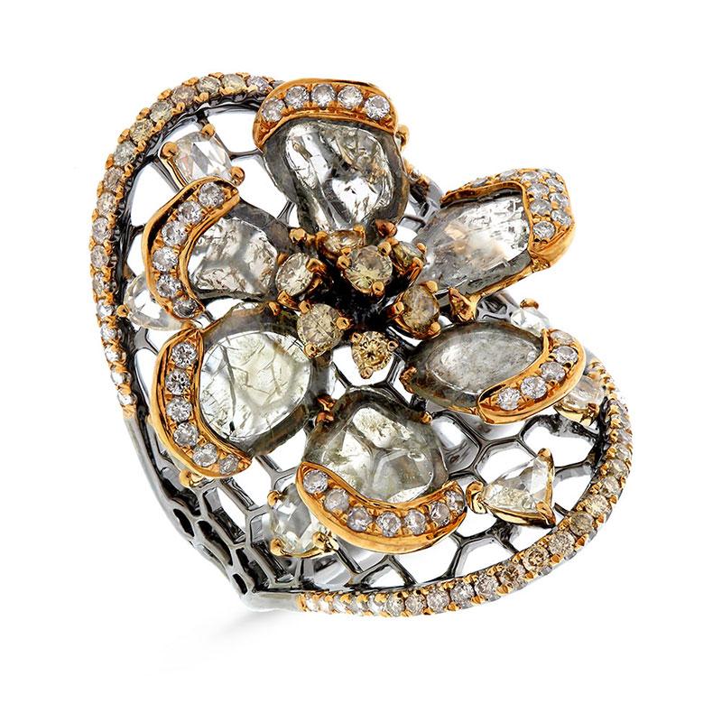 18k Black Rhodium Gold Fancy Color Diamond Flower Ring - 3.35ct