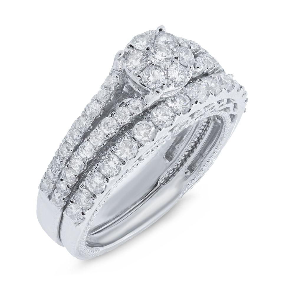 18k White Gold Diamond Wedding Set Cluster - 1.75ct