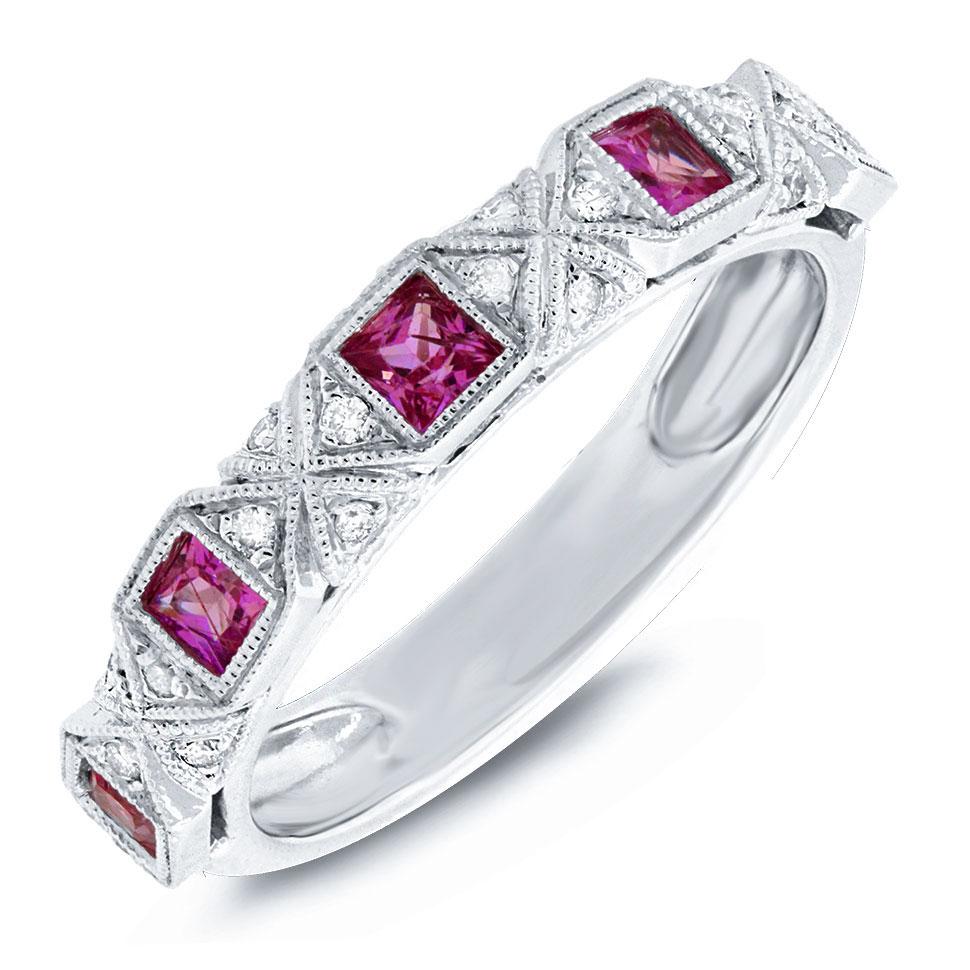 Diamond & 0.44ct Ruby 14k White Gold Lady's Band - 0.09ct