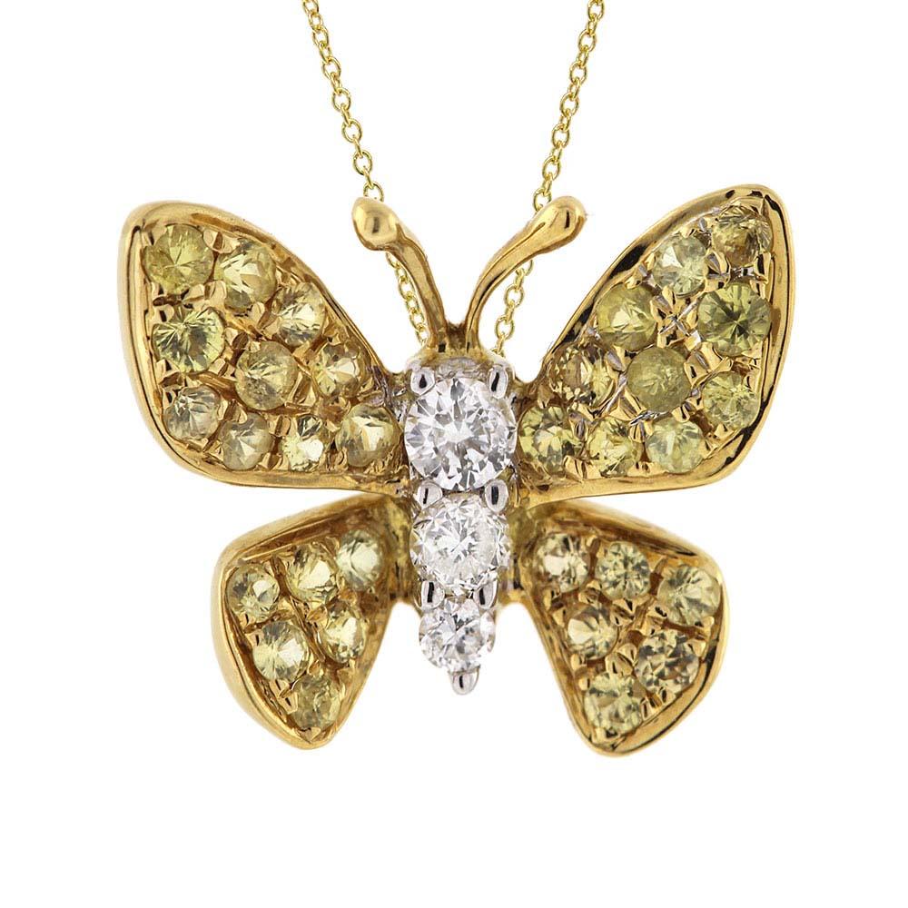 Diamond & 0.24ct Yellow Sapphire 18k Yellow Gold Butterfly Pendant - 0.07ct