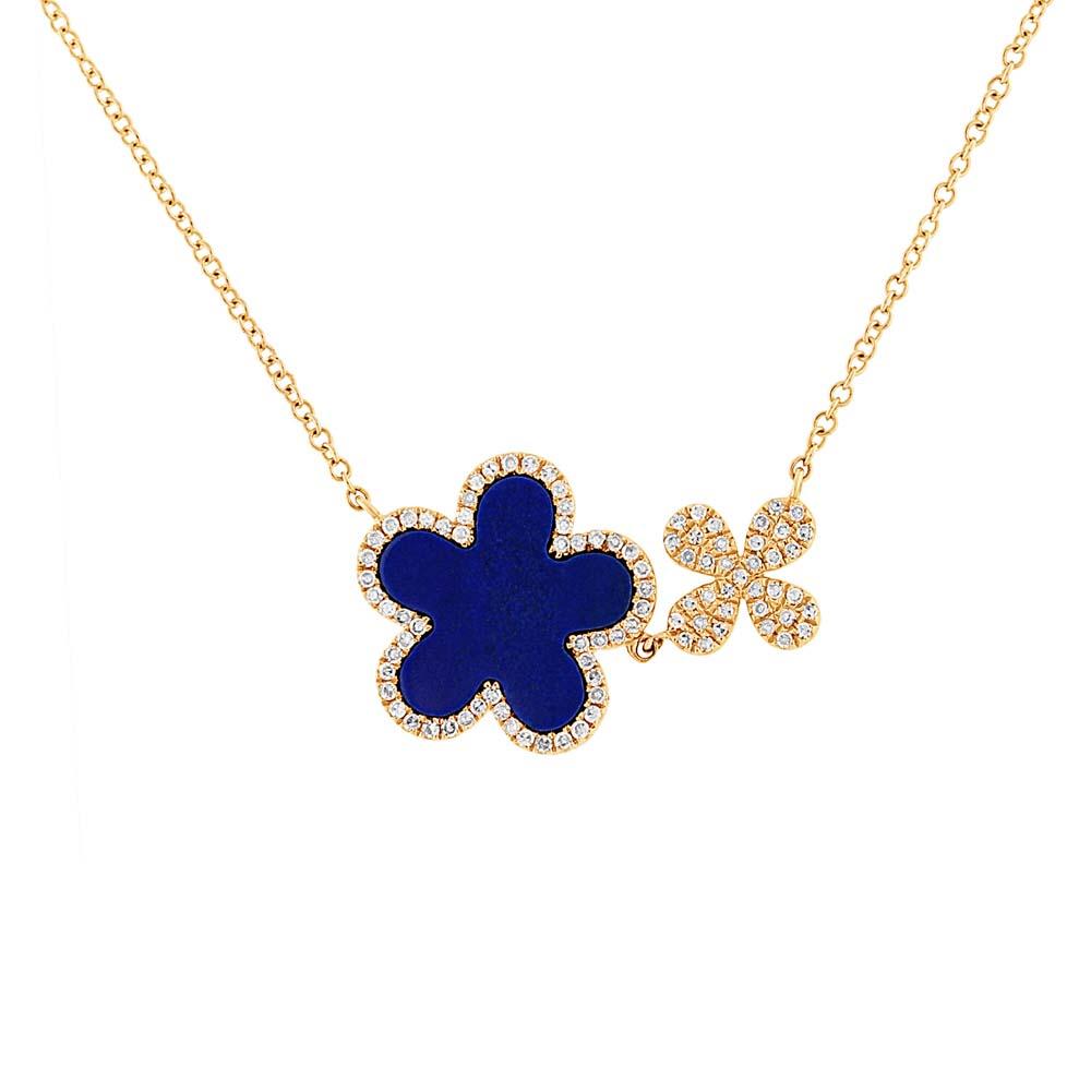 Diamond & 1.33ct Lapis 14k Yellow Gold Flower Necklace - 0.23ct