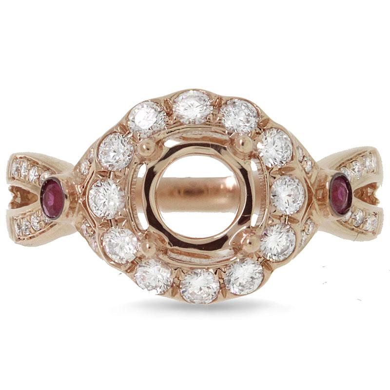 Diamond & 0.16ct Ruby 14k Rose Gold Semi-mount Ring - 0.53ct