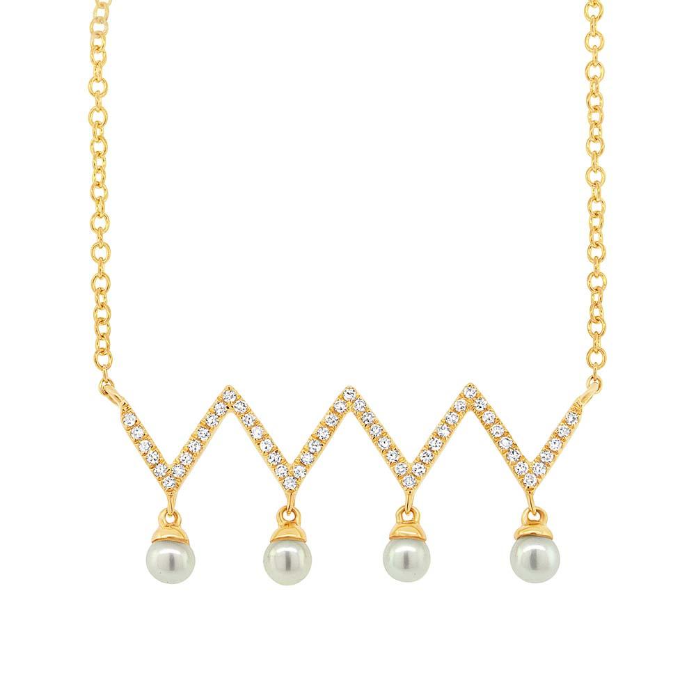 Diamond & 0.17ct Fresh Water Pearl 14k Yellow Gold Necklace - 0.17ct