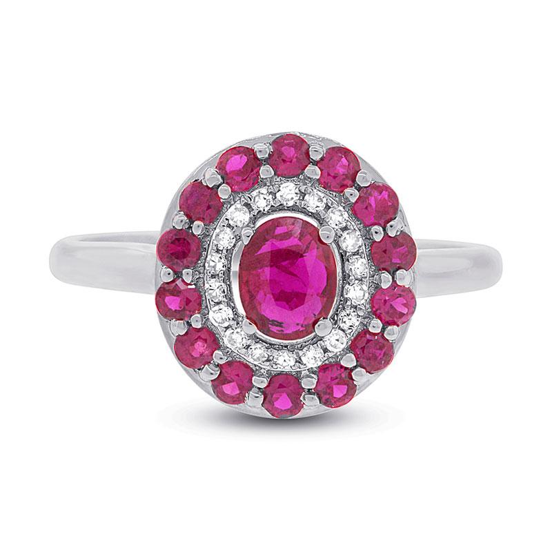 Diamond & 0.99ct Ruby 14k White Gold Ring - 0.08ct