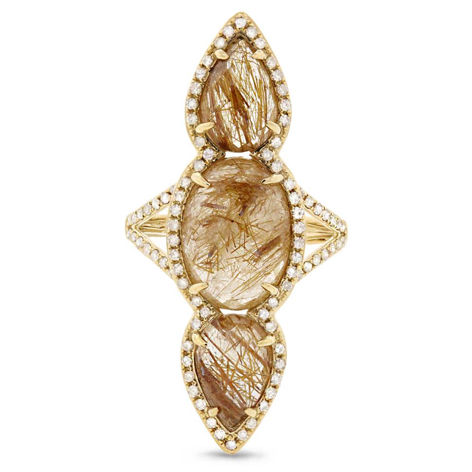 Diamond & 9.33ct Golden Line Quartz 14k Yellow Gold Ring - 0.56ct