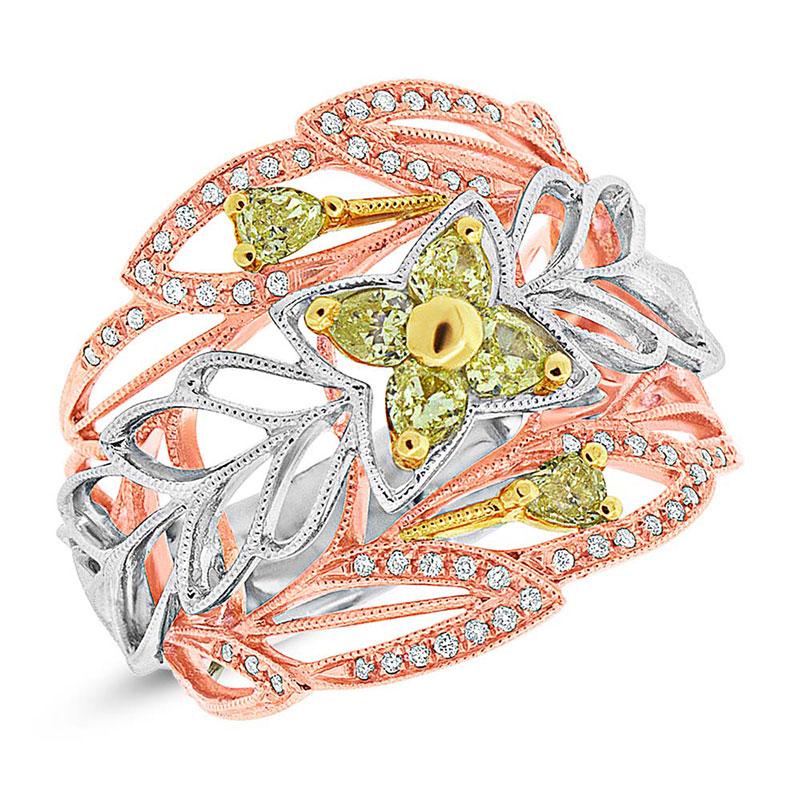 18k Three-tone Gold White & Fancy Color Diamond Ring - 0.74ct