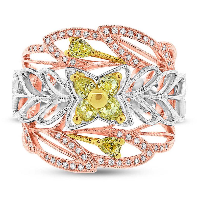 18k Three-tone Gold White & Fancy Color Diamond Ring - 0.74ct