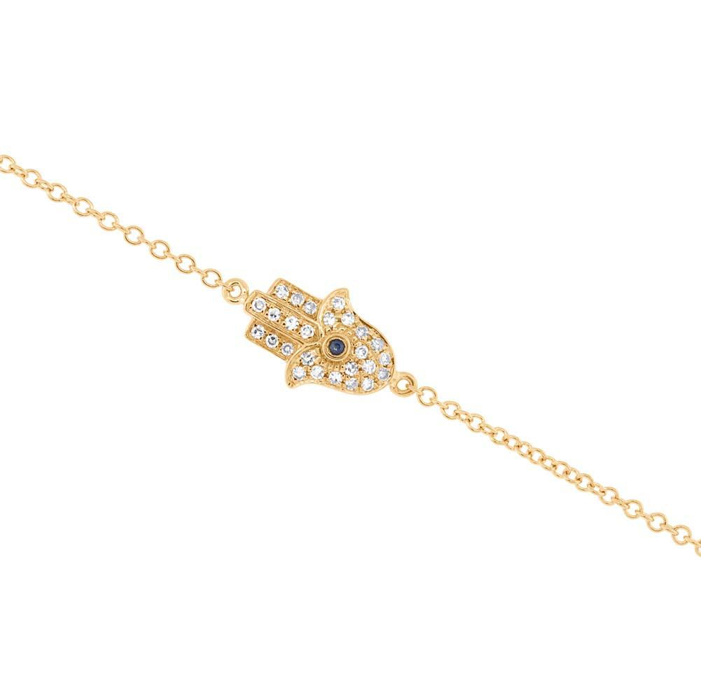 Diamond & 0.01ct Blue Sapphire 14k Yellow Gold Hamsa Bracelet
