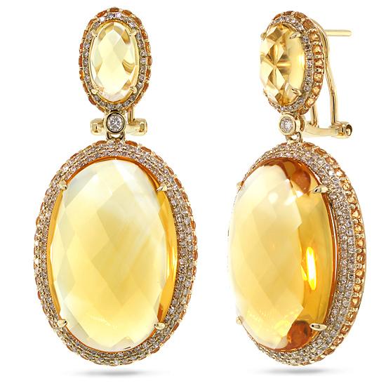 Diamond & 43.98ct Citrine & Yellow Sapphire 14k Yellow Gold Earring - 1.15ct