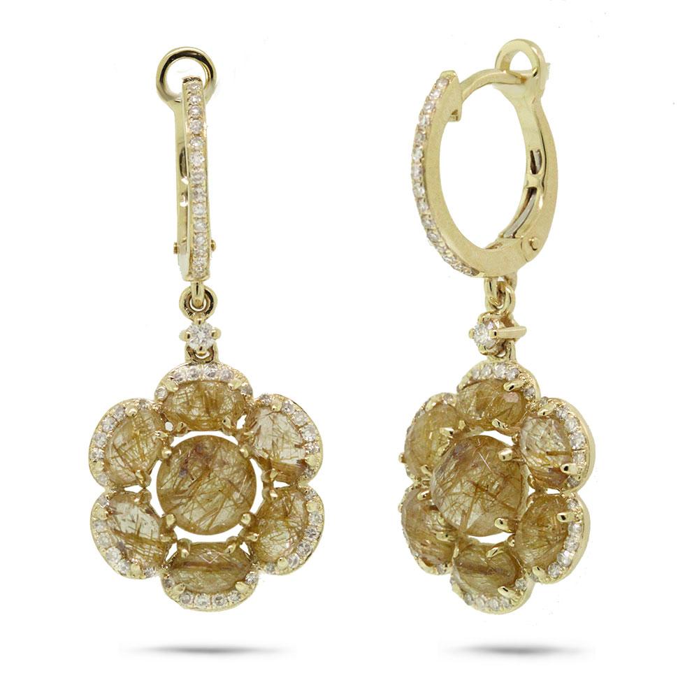 Diamond & 4.34ct Golden Line Quartz 14k Yellow Gold Earring - 0.39ct