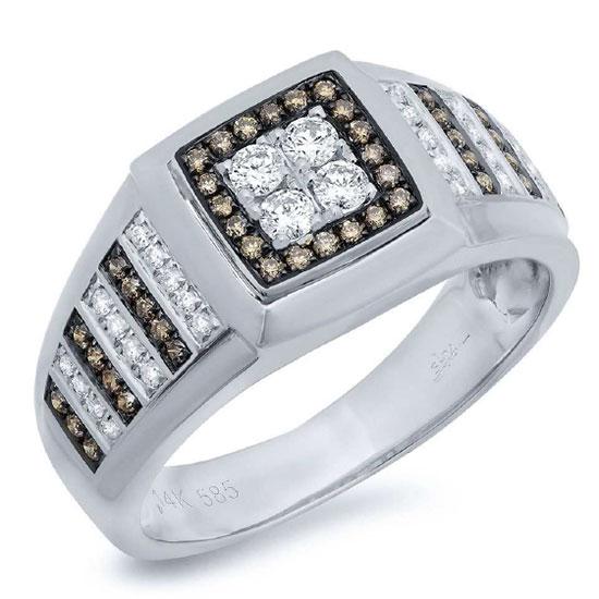 14k White Gold White & Champagne Diamond Men's Ring - 0.63ct