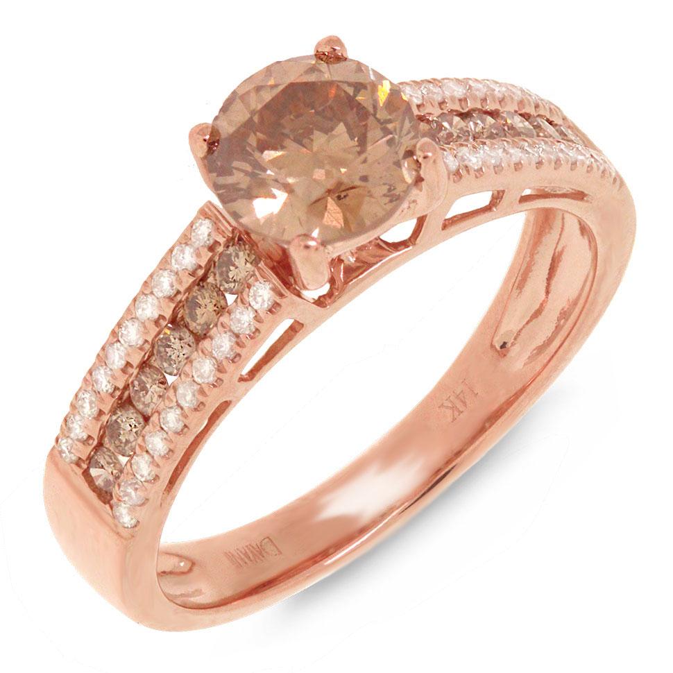 Round Brilliant Center and 0.35ct Side 14k Rose Gold Champagne Diamond Engagement Ring - 1.05ct