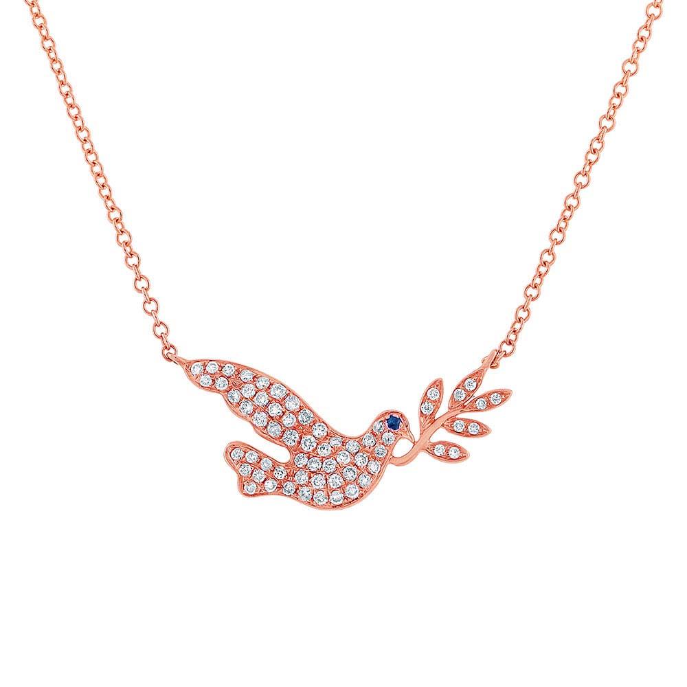 Diamond & 0.01ct Blue Sapphire 14k Rose Gold Dove Necklace