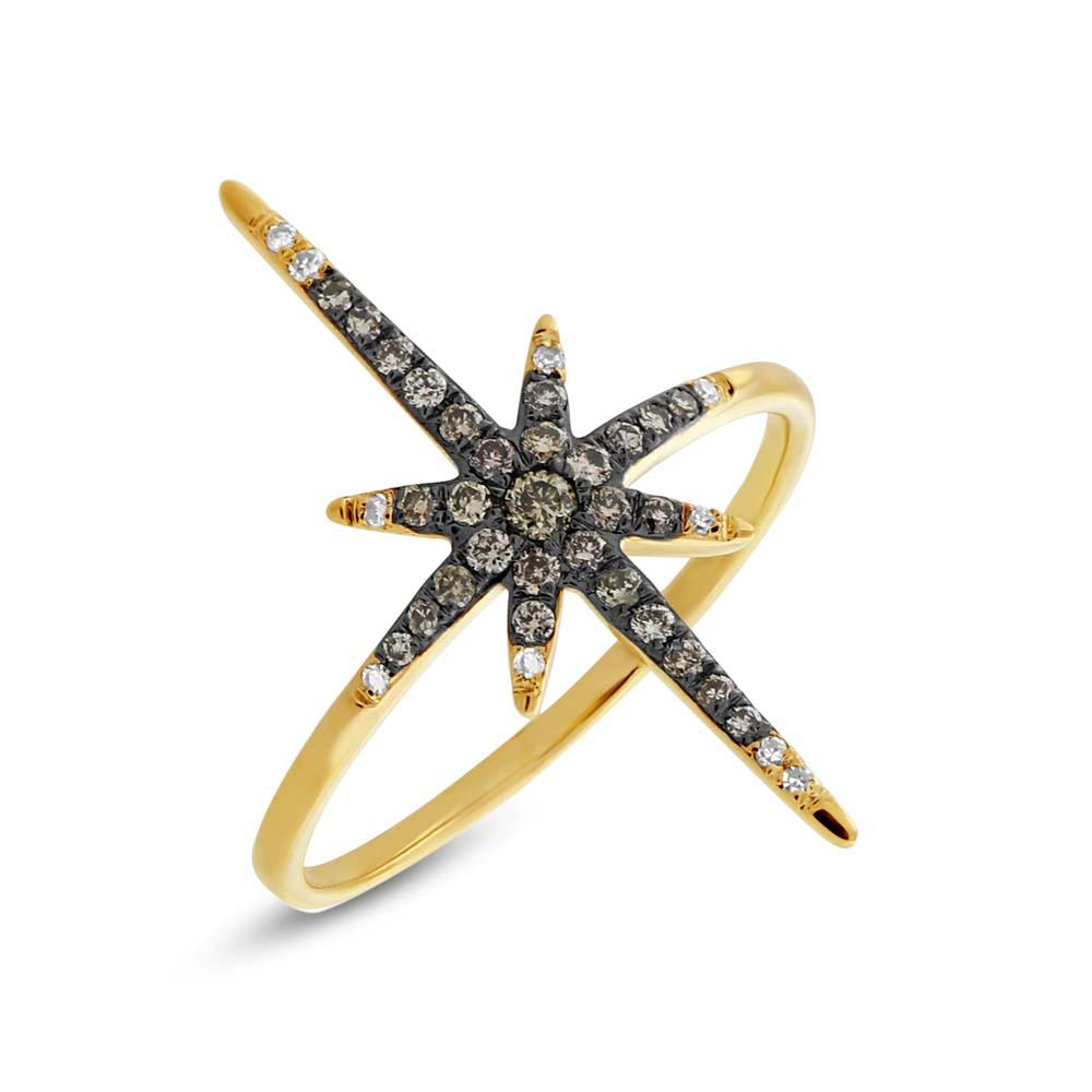 14k Yellow Gold White & Champagne Diamond North Star Ring - 0.24ct
