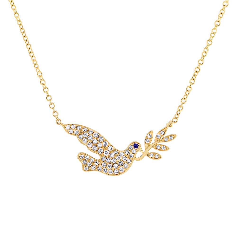 Diamond & 0.01ct Blue Sapphire 14k Yellow Gold Dove Necklace