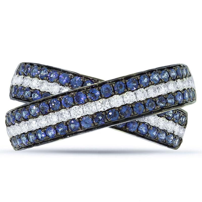 Diamond & 1.00ct Blue Sapphire 14k White Gold Bridge Ring - 0.43ct