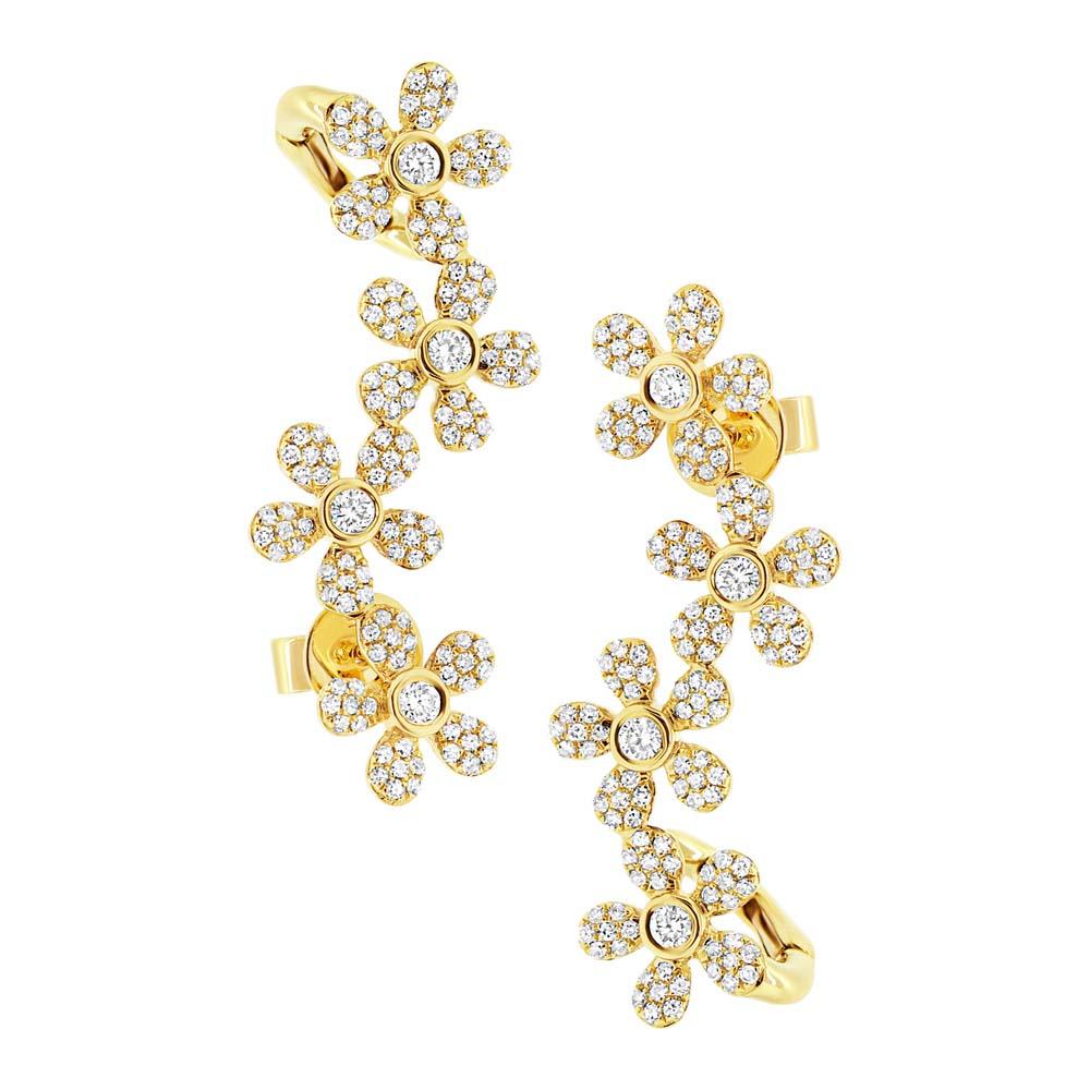 14k Yellow Gold Flower Diamond Ear Crawler Earring