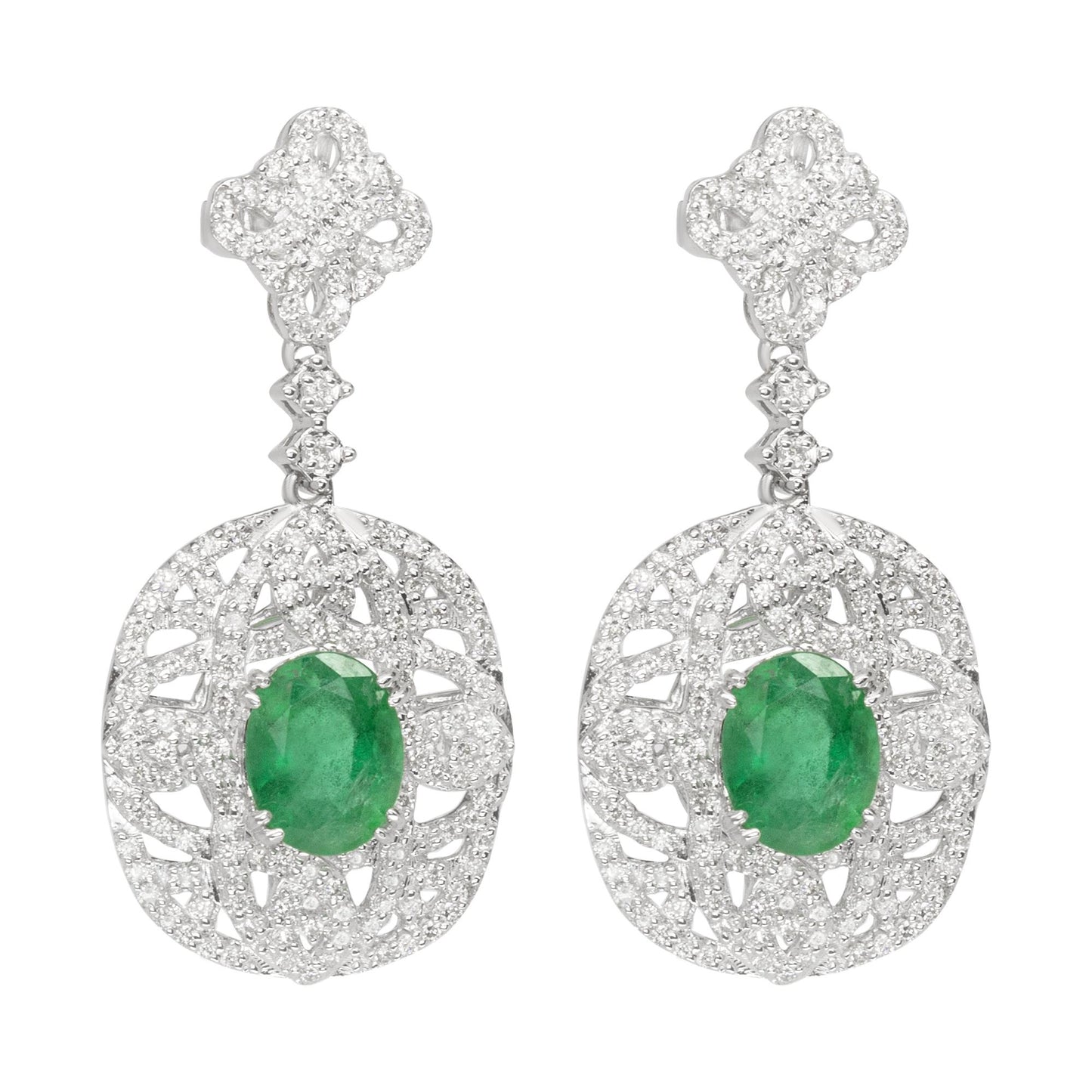14K White Gold Diamond Emerald Earrings